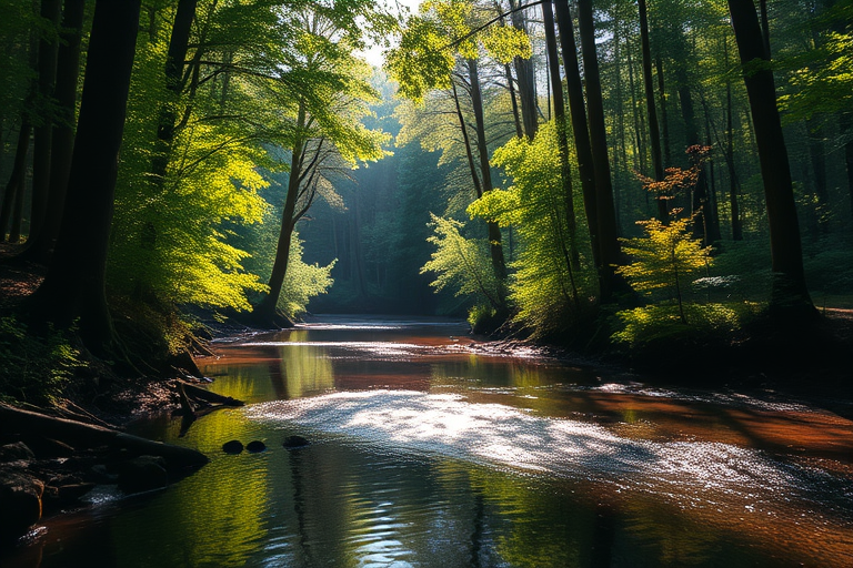 Capture a serene forest landscape with a calm river reflecting sunlight, using a Canon EOS R5, 24mm lens, f/8 aperture, 1/125s shutter speed, ISO 200, in dappled sunlight for enhanced depth and vibrant colors, focusing on the interplay of light and water.