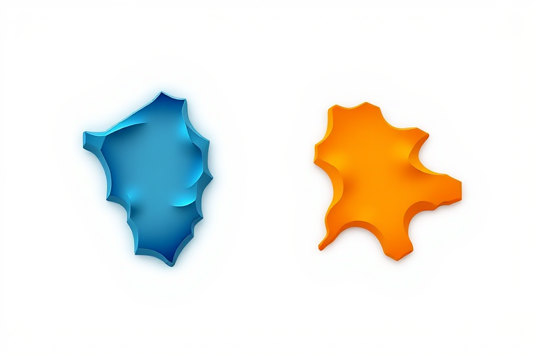 Create a detailed illustration of two abstract island shapes, one in deep blue and the other in bright orange, with smooth gradients and crisp outlines, shot with a DSLR camera at f/8 aperture, 50mm lens, daylight setting, top-down view.