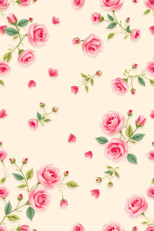Create a seamless floral pattern with small pink roses and buds scattered on a light beige textured background. The design should have a delicate and vintage feel with a balanced arrangement of flowers and leaves.