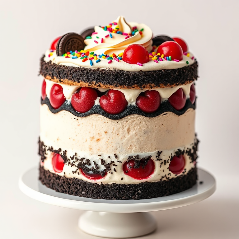 Create an image of a layered ice cream cake with distinct layers of chocolate ice cream red fruit filling and a black cookie crumble layer topped with whipped cream and colorful sprinkles on a white cake stand against a light background.