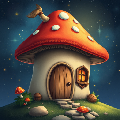 create illustration of a mushroom house with a door and a window, a storybook , fantasy art, mushroom house, bg starry sky, sparkles