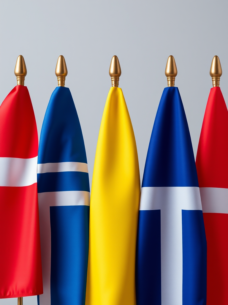 Create an image of five Nordic flags arranged in a row, including the Danish, Swedish, Norwegian, Finnish, and Icelandic flags, shot with a high-resolution digital camera at ISO 100, f/8 aperture, 50mm lens, with a slight depth of field and vibrant colors.