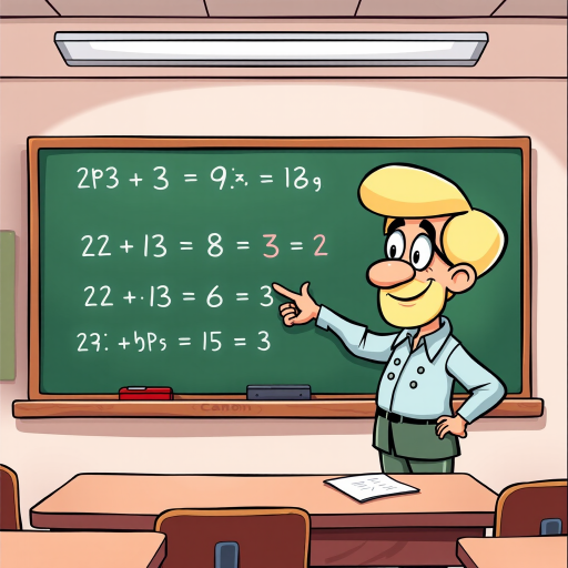 Generate a colorful cartoon-style illustration of a teacher pointing at a blackboard with simple math equations, using a Canon EOS 90D camera with a 50mm lens at f/2.8, ISO 100, 1/250s shutter speed, in a well-lit classroom setting to enhance image quality.