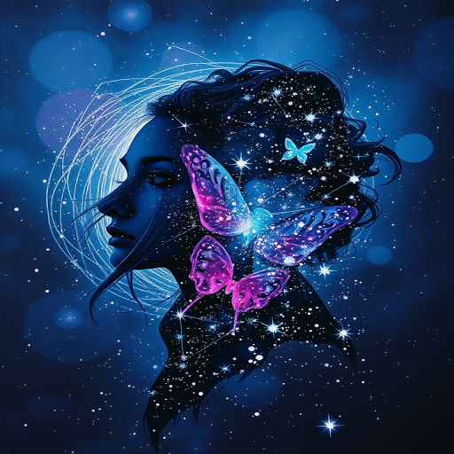 Captivating conceptual render alcohol ink art, double exposure, the paint strokes artfully merge combining a woman's full silhouette with a Beaming butterfly's silhouette. The figures are composed of a series of colored dots, lines & spots that evoke the image of a cosmic galaxy, colors are deep shades of blue purple & black with flashes of white & silver representing distant stars. The woman's silhouette is formed within the lion's silhouette from constellations of scattered stars, surreal