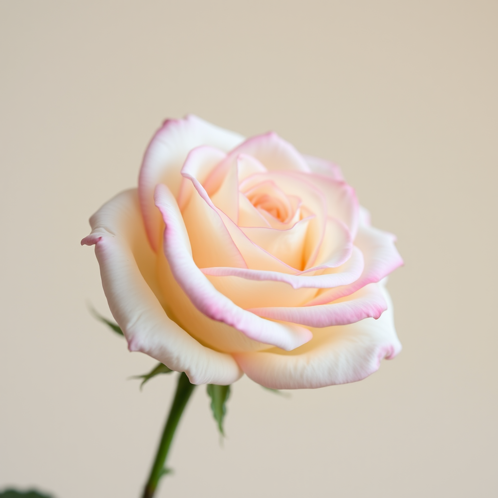 Close-up shot of a white rose with pink edges against a soft neutral background, aperture f/2.8, ISO 100, shutter speed 1/200s, taken with a DSLR camera, 50mm lens, natural light, focus on the rose petals.