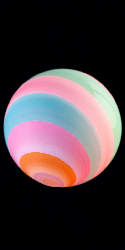 Create a vibrant, multi-colored sphere with soft pastel shades of pink, blue, green, and orange, using a Canon EOS R5 with a 50mm f/1.2 lens, f-stop at 2.8, ISO 100, 1/200 sec shutter speed, shot from a slightly elevated angle to highlight the curves and textures.