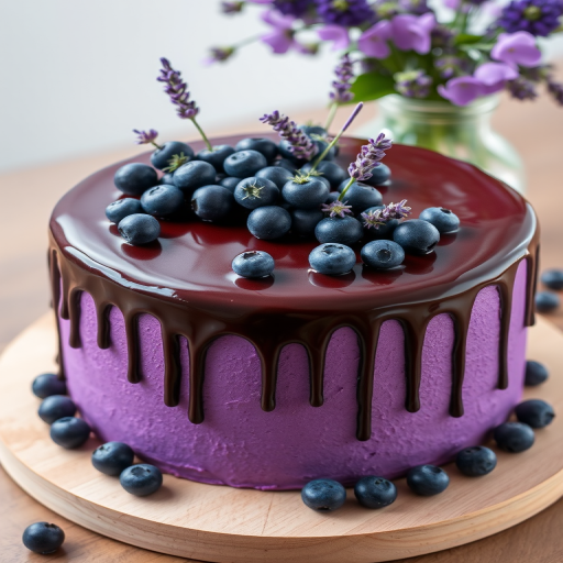 A beautifully crafted purple cake with a glossy chocolate drip, topped with fresh blueberries and lavender sprigs, sitting on a light wooden board with a backdrop of purple flowers in a vase.