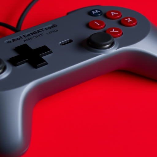 Create a high-resolution image of a classic video game controller on a vibrant red background, using a DSLR camera at f/2.8, ISO 100, 1/125s, with a macro lens to capture fine details.