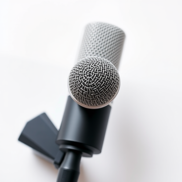 Create a high-resolution image of a microphone on a plain white background, using a Canon EOS R5 with a 50mm lens, aperture f/2.8, ISO 100, and a slight overhead angle to enhance detail and clarity.