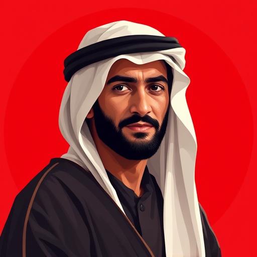 Create a digital illustration of a traditional Arab man with a white headdress and dark clothing, set on a circular red background, using a 50mm lens at f/8, ISO 100, and a slight vignette effect for enhanced focus and depth.