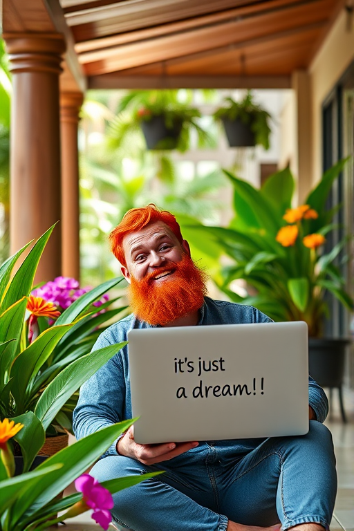 Regenerate an image of a cheerful man with a bright red beard and vibrant hair sitting on a tropical patio, holding a laptop with the text "it's just a dream!" on the screen, surrounded by lush plants and colorful flowers, shot in high resolution with a Canon EOS R5, 24mm lens, aperture f/2.8, ISO 100, and a vibrant color palette for an inviting atmosphere.