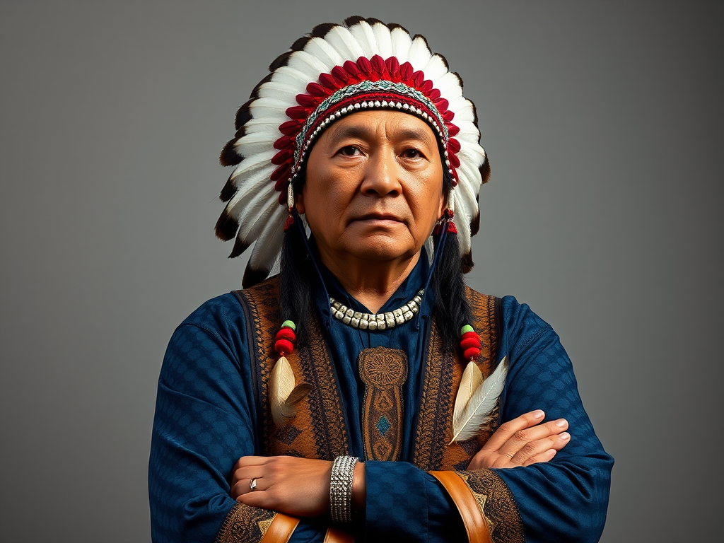 Create a dignified portrait of a Native American man dressed in traditional attire. He wears a beautifully crafted headdress adorned with white feathers and red beads, along with a beaded headband featuring intricate patterns. His clothing includes a deep blue, patterned shirt and a traditional chest piece with detailed beadwork. His arms are crossed, displaying leather armbands decorated with feathers. The background is simple and neutral, emphasizing his proud and stoic expression. The overall image captures the rich cultural heritage and strength of his persona.