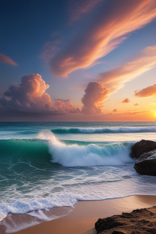 Serene Sunset Over Gentle Waves and Colorful Cloudy Skies Above Ocean
