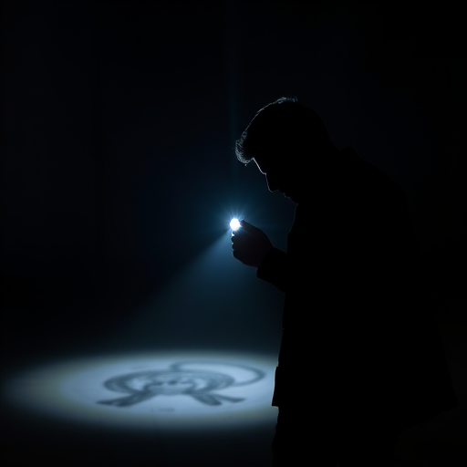 Create an image of a silhouette of a person holding a flashlight in a dark environment with a soft beam of light illuminating the area, using a DSLR camera, aperture f/2.8, ISO 800, shutter speed 1/60s, focused on the person to enhance contrast and clarity.
