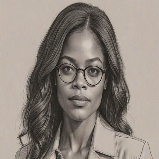 Enchanting Naomie Harris, pencil sketch, portrait of Alluring woman 1967s in glasses, hair style beatnik, outline, clear lines, fine lines, 8k