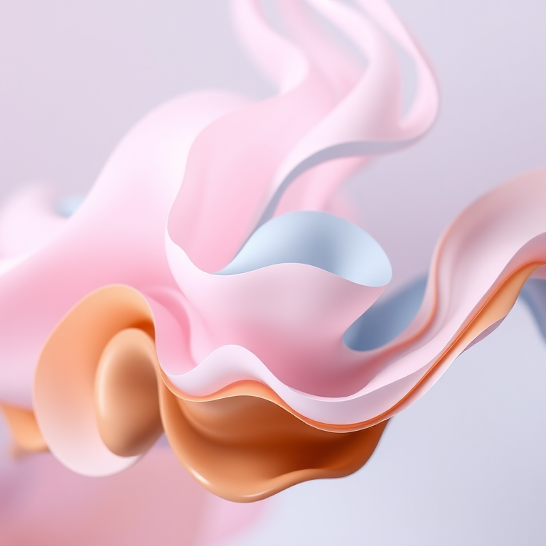 Create an abstract composition featuring fluid shapes in pastel colors of pink, blue, and brown, with a soft focus effect, shot with a 50mm lens, f/1.8 aperture, ISO 100, natural lighting, using a DSLR camera.
