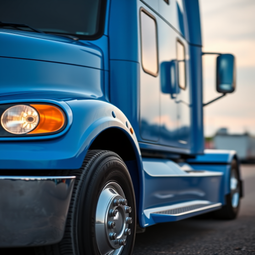 Create a high-quality image of a blue semi-truck in profile view, using a DSLR camera with a 50mm lens, aperture set to f/2.8, ISO 100, and shutter speed of 1/200s for clarity and detail.