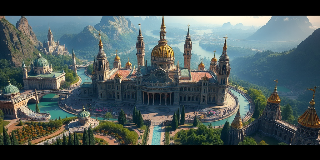 Generate an intricate fantasy cityscape featuring a grand palace surrounded by lush gardens and waterways, with towering spires and intricate architecture, captured with a DSLR camera at f/8, ISO 100, 24mm lens, in a wide-angle view to emphasize depth and detail, with vibrant colors and high dynamic range for enhanced clarity.