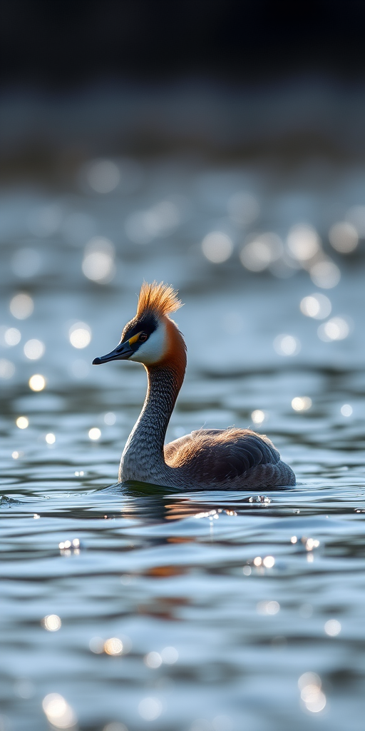 Capture a high-resolution image of a Great Crested Grebe swimming on a shimmering lake, using a DSLR camera, 300mm lens, f/5.6 aperture, ISO 400, 1/1000 sec shutter speed, with a shallow depth of field and natural lighting.