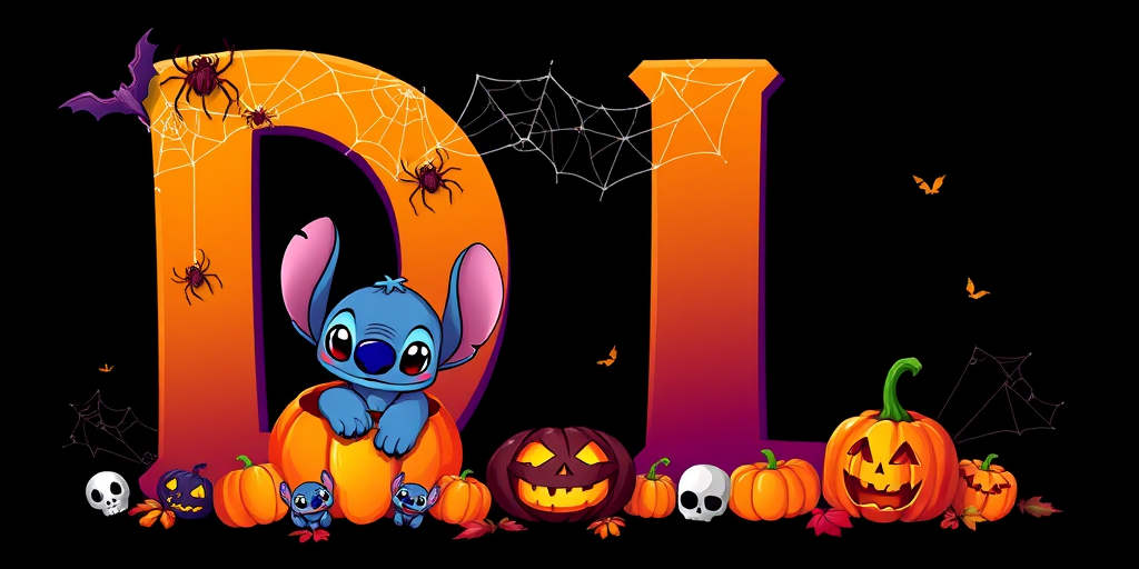 A whimsical and vibrant Halloween-themed digital illustration featuring the letter "D" adorned with spider webs, small bats, and cute spiders. At the base of the letter, a playful alien character similar to Stitch is peeking out from inside a carved pumpkin with glowing eyes, surrounded by additional pumpkins, a small skull, and autumn leaves. The letter is gradient-colored from orange to purple, adding a magical atmosphere to the scene, black background