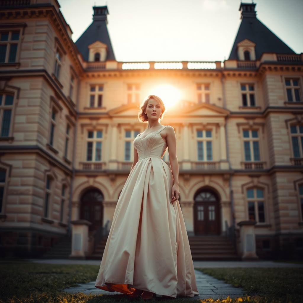 An elegant woman, dressed in a vintage gown, stands in front of a grand, historic building. The setting sun casts a warm, golden light on her