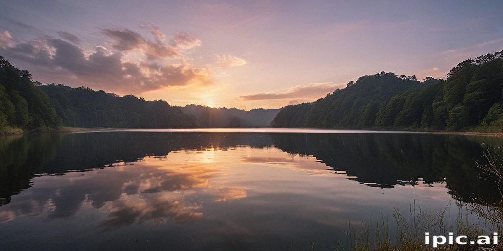 Serene Sunset Reflections Over a Tranquil Lake Surrounded by Lush Forests.