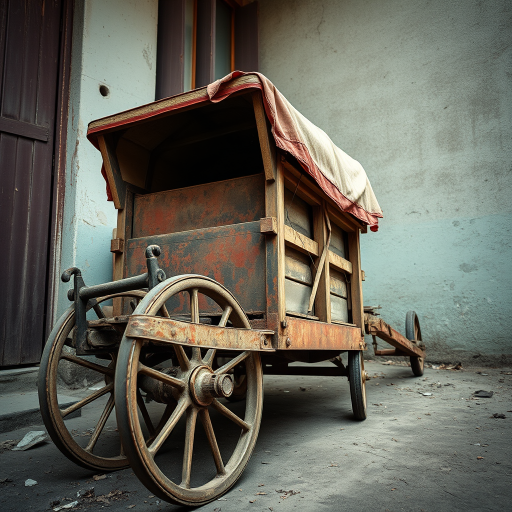 regenerate the image of an old, rusty hand cart, camera settings: aperture f/8, ISO 100, shutter speed 1/200s, camera view: low angle, camera style: vintage, camera type: DSLR