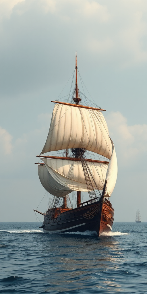 Create a detailed vintage illustration of a sailing ship on calm waters with billowing sails, using a Canon EOS 5D Mark IV with a 50mm f/1.8 lens, aperture set to f/8, ISO 100, and a soft focus background to enhance clarity and detail.