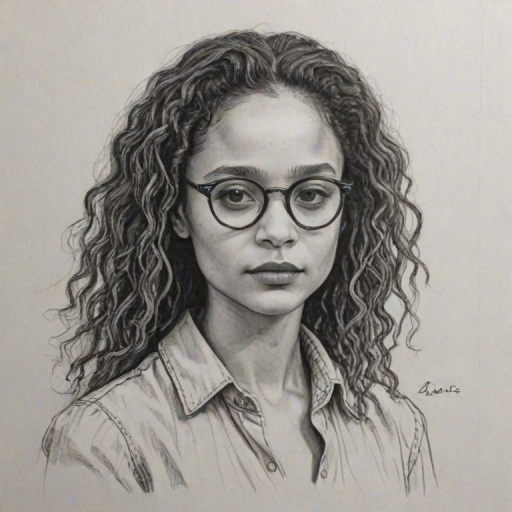 Superb Sasha Lane, pencil sketch, portrait of Comely woman 1974s in glasses, hair style beatnik, outline, clear lines, fine lines, 8k