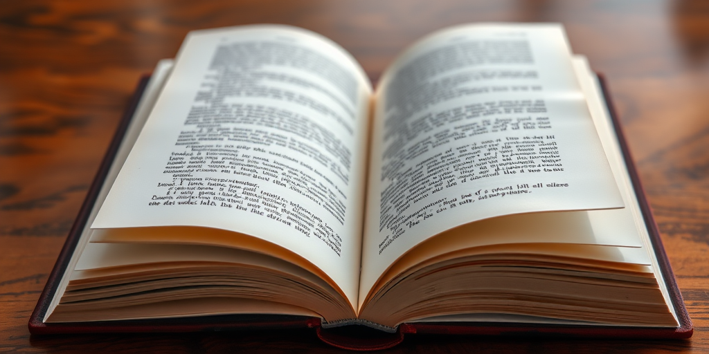 Create a high-resolution image of an open book with a winding path through its pages, using a DSLR camera with a 50mm lens, aperture set to f/1.8, ISO 100, shot at a 45-degree angle in natural light.
