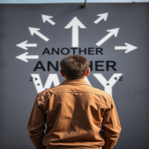 Create an image of a person standing with their back turned, looking at multiple arrows pointing in different directions, with the words "ANOTHER WAY" prominently displayed, captured with a DSLR camera at f/2.8 aperture, ISO 100, 50mm focal length, natural lighting, and a shallow depth of field for enhanced focus on the subject.
