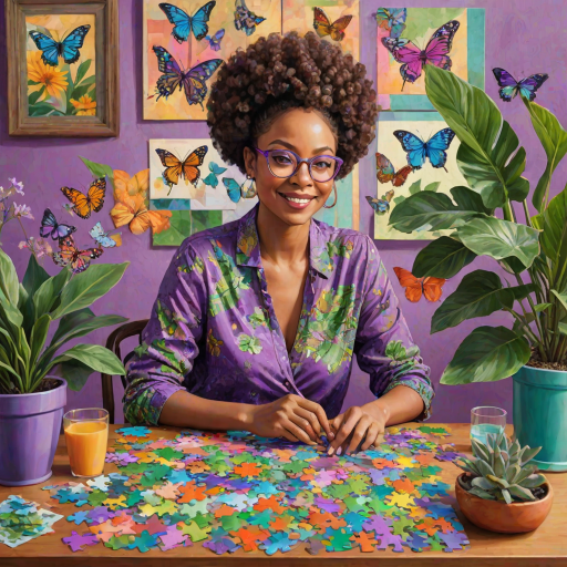 A vibrant and whimsical illustration of an african american woman sitting at a table working on a colorful jigsaw puzzle. she is wearing round glasses, and patterned clothing in shades of purple and green.  The background features an eclectic collection of framed butterflies, potted plants, and other natural elements, creating a warm and inviting atmosphere. The style is playful and modern, with rich textures, intricate details, and a lively color palette.