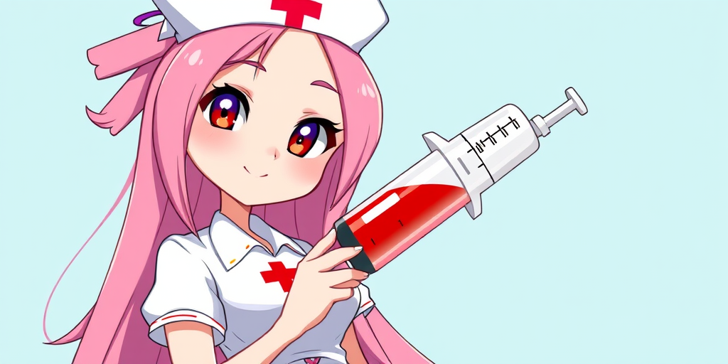 Create an illustration of a female nurse character with long pink hair, holding a large syringe filled with red liquid, wearing a white uniform with a red cross on her cap and dress, in a vibrant cartoon style; camera settings: f/4, ISO 100, 1/250s; camera view: close-up; camera style: colorful and playful; camera type: digital illustration.