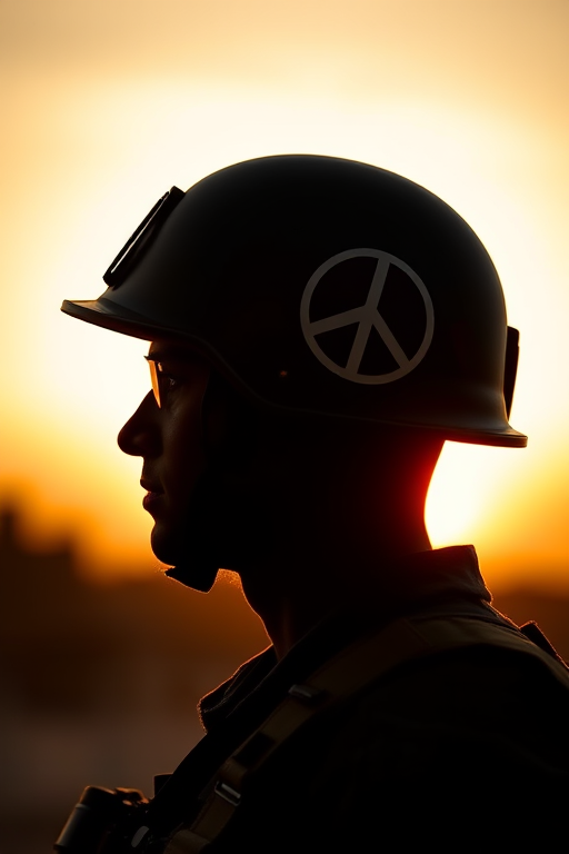 Create a high-resolution image of a soldier silhouette wearing a helmet with a peace sign emblem, shot with a 50mm lens at f/1.8 for a shallow depth of field, using a DSLR camera in natural light at sunset for dramatic effect.