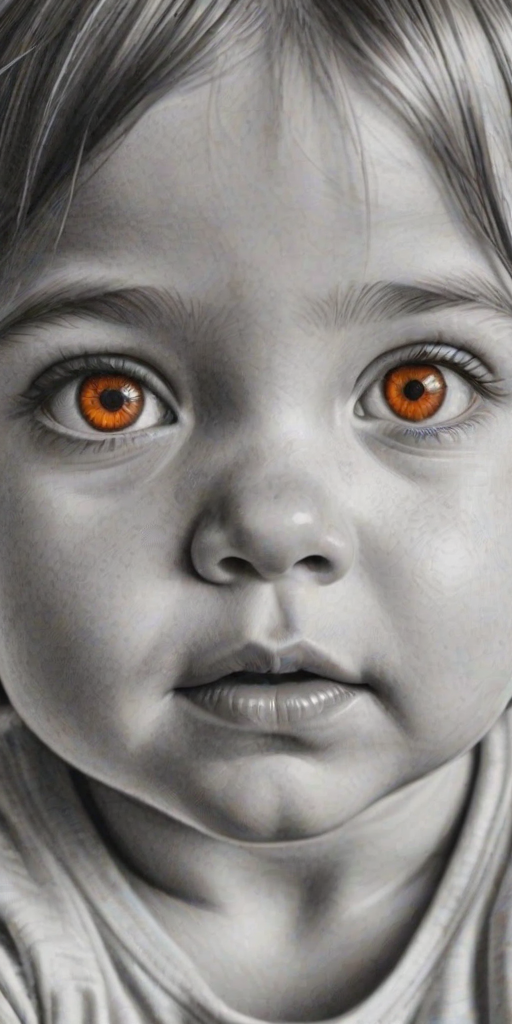 A hyperdetailed photorealistic black and white sketch of a beautiful toddler with deep orange eyes, with a macro focus