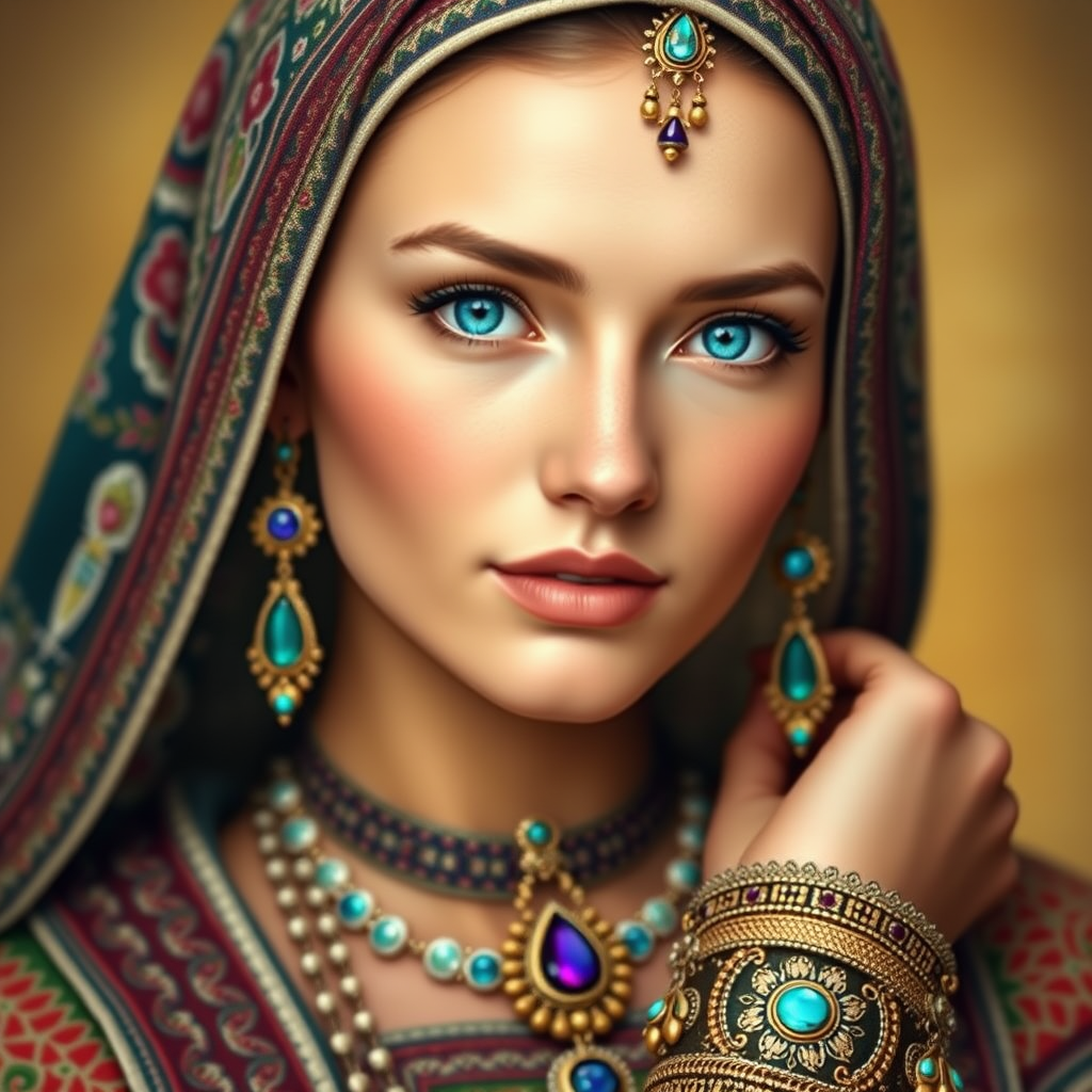 Create a portrait of a beautiful Circassian woman with striking cyan eyes and a gentle expression. She is adorned in traditional attire with intricate patterns, including a richly embroidered headscarf and matching garments. Her jewelry includes a delicate headpiece, dangling earrings, and ornate bracelets, all featuring vibrant gemstones and detailed metalwork. The background is soft and warm, enhancing the rich colors of her outfit and jewelry.