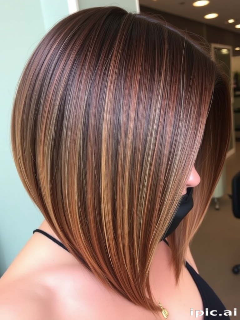 Luxurious chestnut brown hair in a sleek inverted bob, crafted by Coco Mahogany, exhibiting a mirror-like shine and subtle cinnamon-toned balayage for added dimension