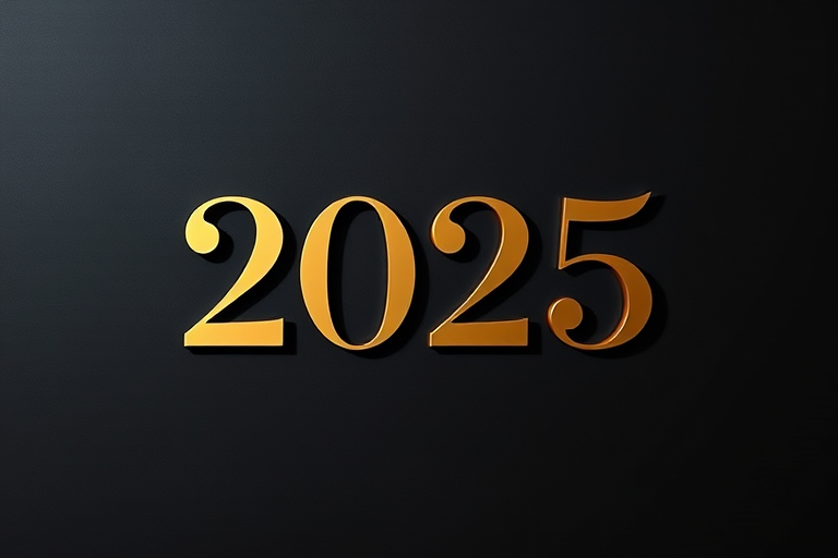 Create a sleek, modern graphic design featuring the year 2025 in elegant gold typography against a dark background, using a Canon EOS R5 camera with a 50mm lens at f/1.8, ISO 100, 1/200 sec, in a flat lay style with soft natural lighting.