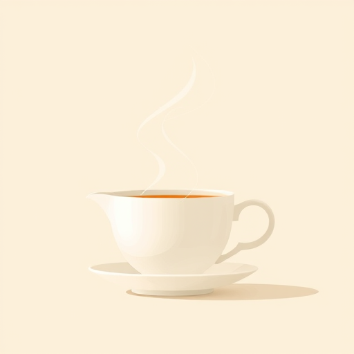 Create a minimalist illustration of a teacup with steam and a teapot, soft beige background, focus on smooth lines and harmonious shapes, camera settings: f/4, ISO 200, 50mm lens, captured in natural light with a soft focus style, using a digital camera.