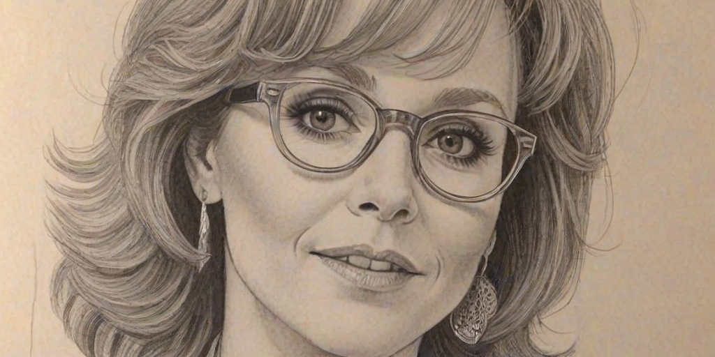 Charming Reba McEntire, pencil sketch, portrait of Captivating woman 1971s in glasses, hair style beatnik, outline, clear lines, fine lines, 8k