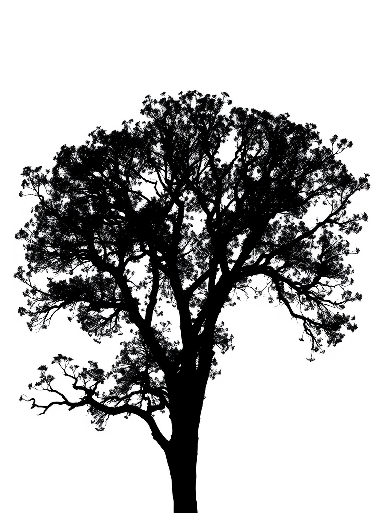 Create a high-contrast black silhouette of a tree on a white background, using a DSLR camera, aperture f/8, ISO 100, focal length 50mm, shot from a low angle to enhance depth and detail.