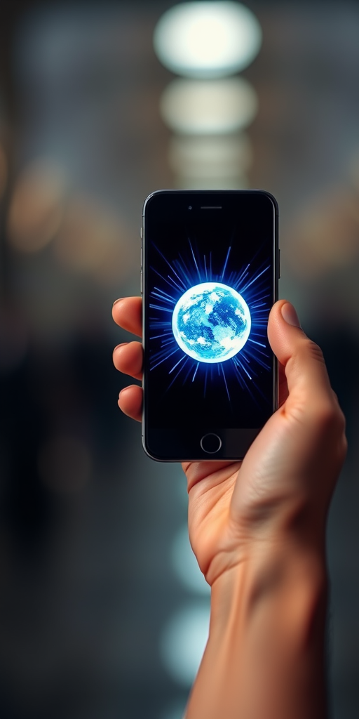 Generate an image of a hand holding a smartphone displaying a glowing blue and white sphere with radiant lines emanating from it, shot with a DSLR camera at f/2.8, 1/125 sec, ISO 100, using a macro lens, with a focus on the phone screen and a blurred background to enhance depth.