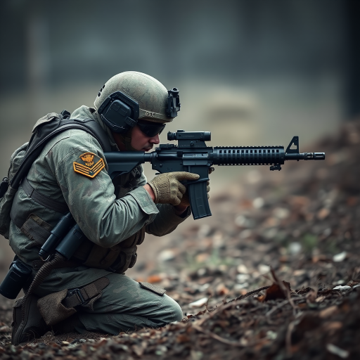 Generate a high-resolution image of a special forces soldier kneeling while aiming an assault rifle, focus on realistic details and textures, use a 50mm lens at f/1.8 for shallow depth of field, set ISO to 200 for clarity, and employ soft diffused lighting for a dramatic effect.
