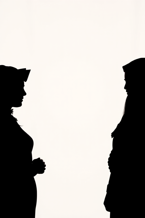 Create a high-resolution silhouette image of two overlapping shapes against a white background, taken with a DSLR camera at 50mm focal length, f/2.8 aperture, ISO 100, in natural light, using a shallow depth of field for enhanced contrast.