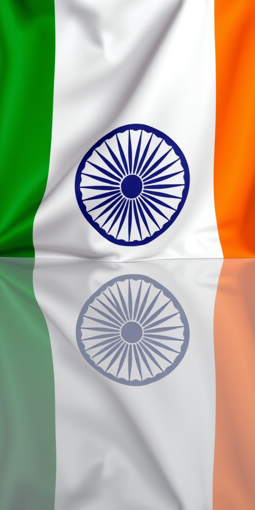 Create a high-resolution image of the Indian flag with a reflective surface, using a DSLR camera, 50mm lens, aperture f/8, 1/125s shutter speed, and ISO 100, capturing a straight-on view for clarity and detail.