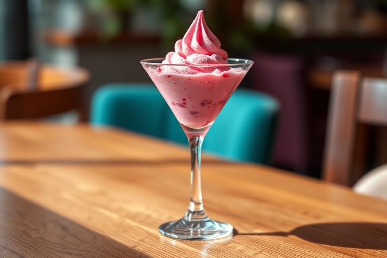 Create a high-resolution image of a vibrant pink ice cream dessert in a tall martini glass, placed on a wooden table, shot with a DSLR camera at f/2.8 aperture, 50mm lens, and natural lighting to enhance the details and texture.
