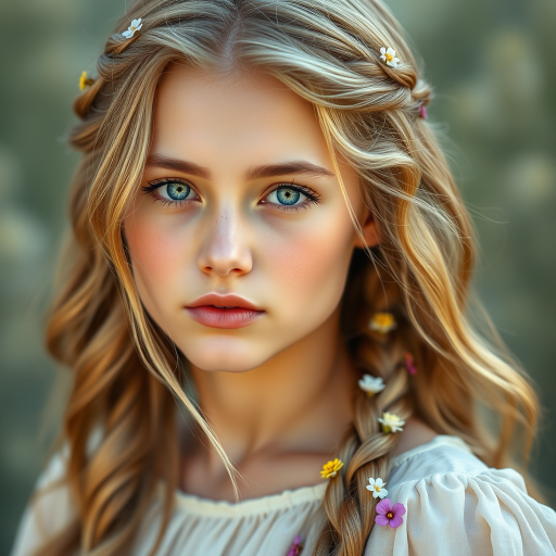 Create an image of a young Armenian woman with long, wavy blonde hair, adorned with small, colorful flowers woven into her braids and loose strands. Her complexion is fair, with soft, glowing skin, and she has light blue eyes that gaze softly at the viewer. She wears a light, flowing dress with a gentle, ethereal quality, complementing her delicate and serene appearance. The background is slightly blurred, drawing focus to her tranquil expression and the intricate details of the flowers in her hair. The overall mood of the image is one of natural beauty and grace, evoking a sense of peacefulness and connection with nature.