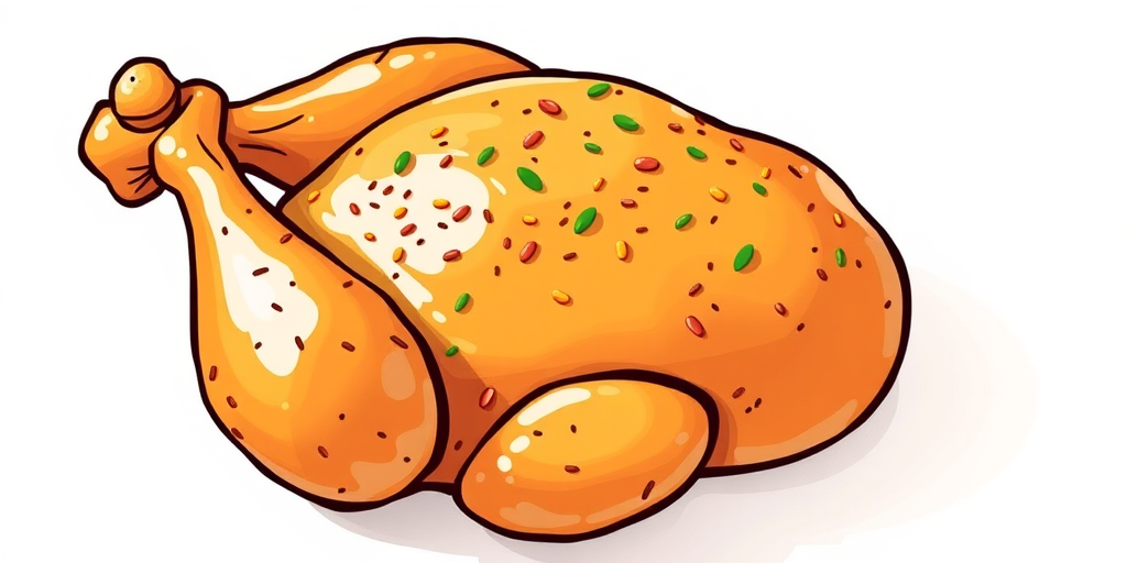 Create a high-resolution image of a cartoon-style cooked chicken on a white background using a DSLR camera with a 50mm lens, f/2.8 aperture, ISO 200, and a 1/125 sec shutter speed to enhance the color and detail.