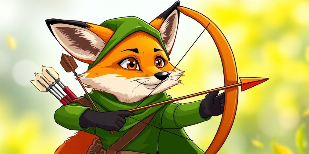 Create a vibrant cartoon-style image of an orange fox dressed as an archer wearing a green outfit and holding a bow and arrow, captured with a DSLR camera at f/4 aperture, ISO 200, 50mm lens, 1/200 sec shutter speed, shot in bright daylight to enhance colors and details.