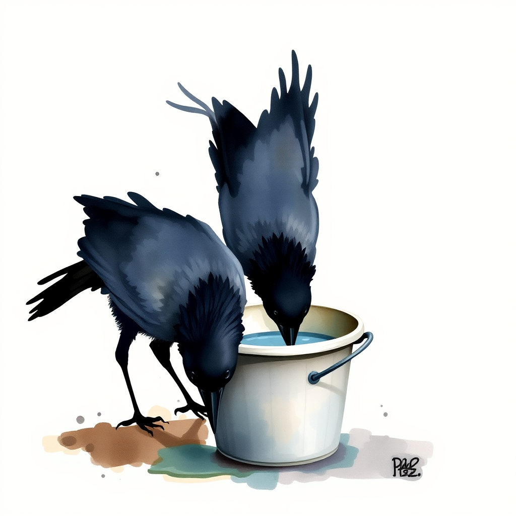 Create a watercolor painting of the silhouette of crows drinking water from a bucket, with muted colors and a textured background.